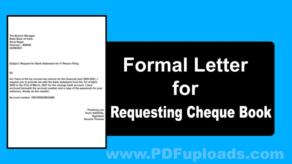 Formal letter for Requesting Formal letter for Requesting Cheque Book in Bank in Bank Formal letter for Requesting Cheque Book in Bank